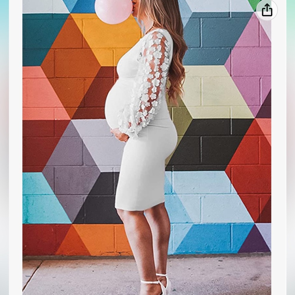 White Flower Appliqué Ballon Sleeve Mini Fitted Stretchy Maternity Dress Small - Picture 3 of 12
